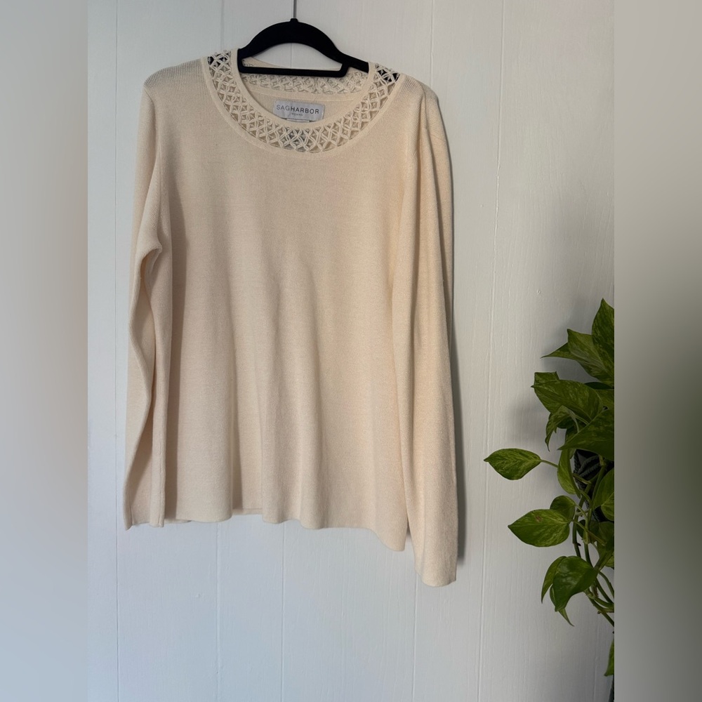 NWT Sag Harbor Plus 1x Cream Sweater Blouse Beaded Neckline Soft Cottage Peasant